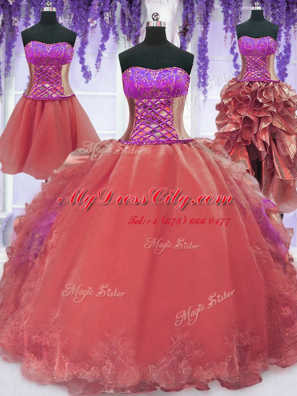 Custom Design Four Piece Watermelon Red Ball Gowns Embroidery and Ruffles 15 Quinceanera Dress Lace Up Organza Sleeveless Floor Length