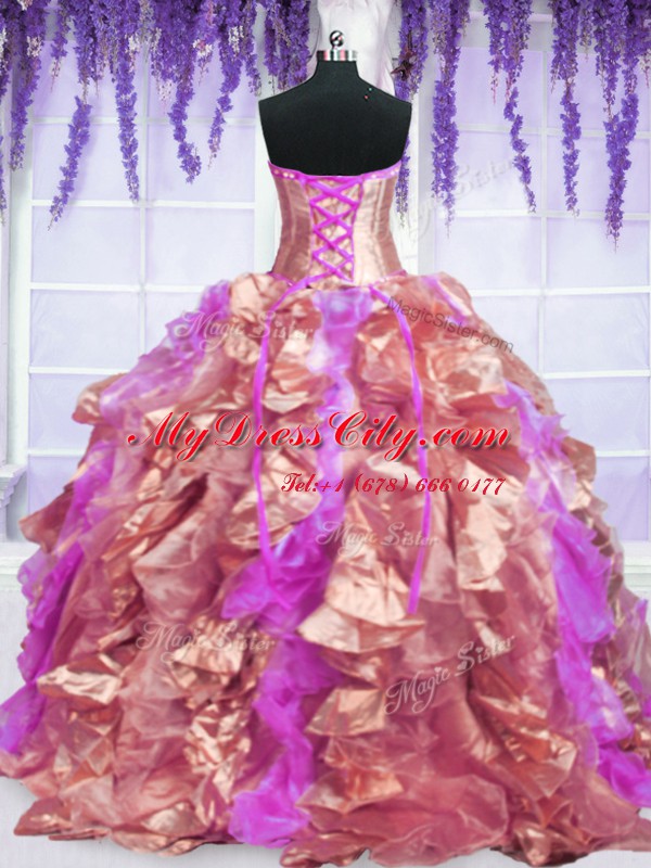 Custom Design Four Piece Watermelon Red Ball Gowns Embroidery and Ruffles 15 Quinceanera Dress Lace Up Organza Sleeveless Floor Length