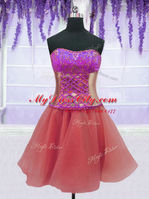 Custom Design Four Piece Watermelon Red Ball Gowns Embroidery and Ruffles 15 Quinceanera Dress Lace Up Organza Sleeveless Floor Length