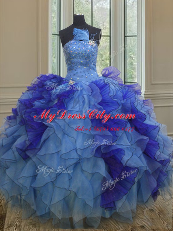 Multi-color Sweet 16 Quinceanera Dress Military Ball and Sweet 16 and For with Beading and Ruffles Strapless Sleeveless Lace Up