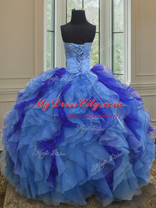 Multi-color Sweet 16 Quinceanera Dress Military Ball and Sweet 16 and For with Beading and Ruffles Strapless Sleeveless Lace Up