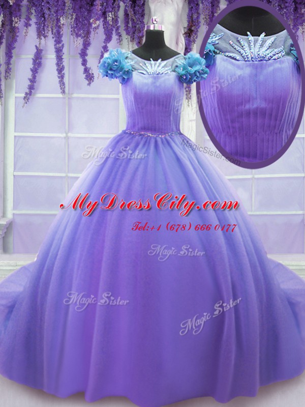 Court Train Ball Gowns Sweet 16 Dresses Lavender Scoop Tulle Short Sleeves Lace Up