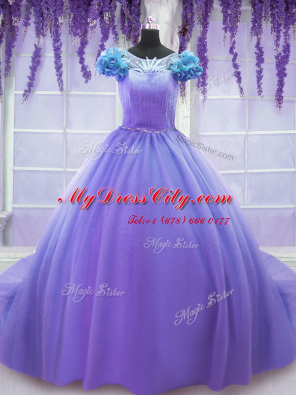 Court Train Ball Gowns Sweet 16 Dresses Lavender Scoop Tulle Short Sleeves Lace Up