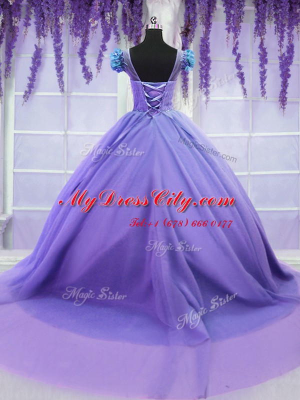 Court Train Ball Gowns Sweet 16 Dresses Lavender Scoop Tulle Short Sleeves Lace Up