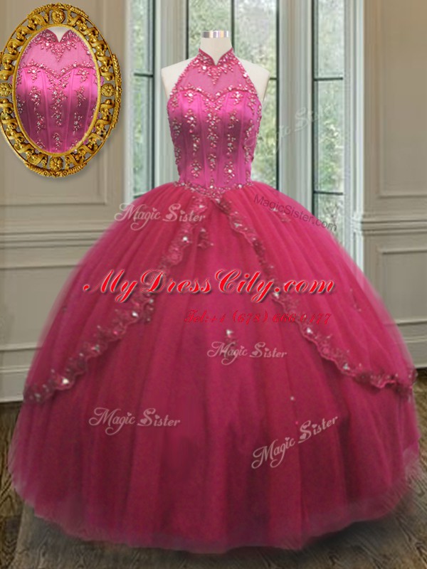 Custom Made Floor Length Hot Pink Sweet 16 Dresses Halter Top Sleeveless Lace Up