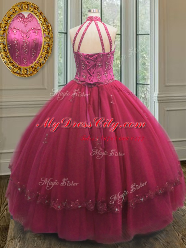 Custom Made Floor Length Hot Pink Sweet 16 Dresses Halter Top Sleeveless Lace Up