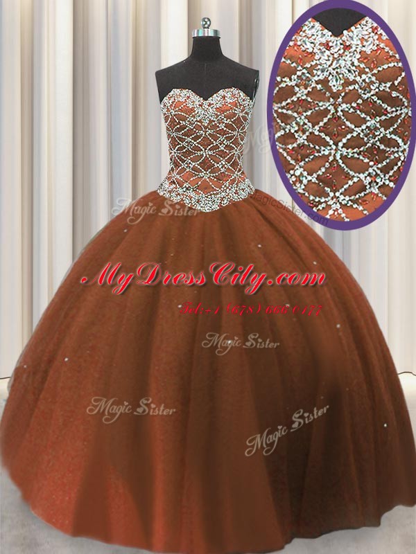 Decent Sleeveless Floor Length Beading and Sequins Lace Up Quinceanera Gowns with Brown