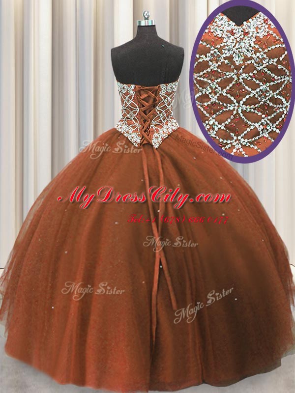 Decent Sleeveless Floor Length Beading and Sequins Lace Up Quinceanera Gowns with Brown