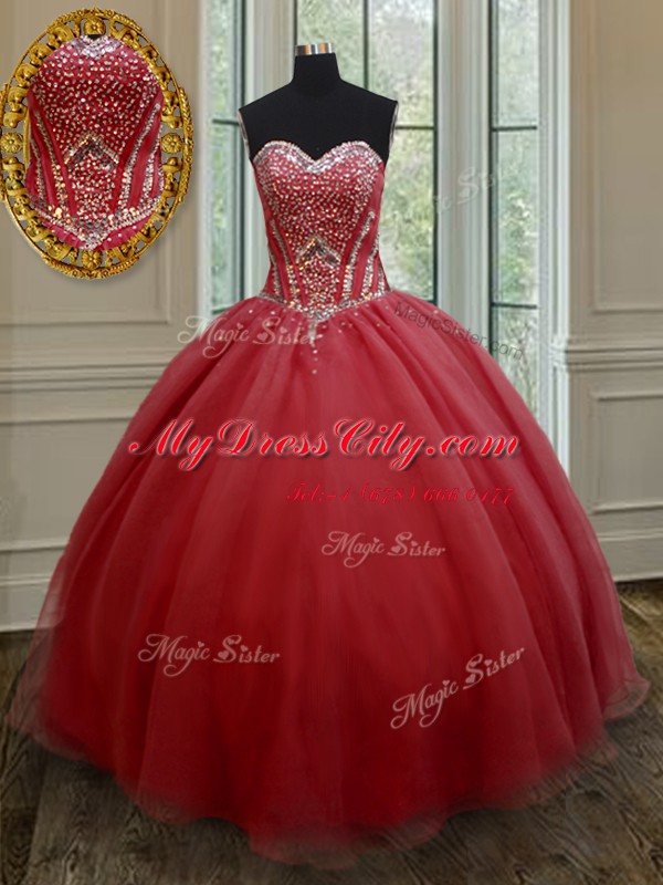 Red Quinceanera Dress Military Ball and Sweet 16 and Quinceanera and For with Beading Sweetheart Sleeveless Lace Up