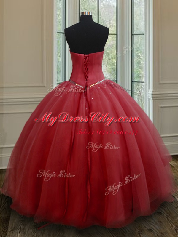 Red Quinceanera Dress Military Ball and Sweet 16 and Quinceanera and For with Beading Sweetheart Sleeveless Lace Up