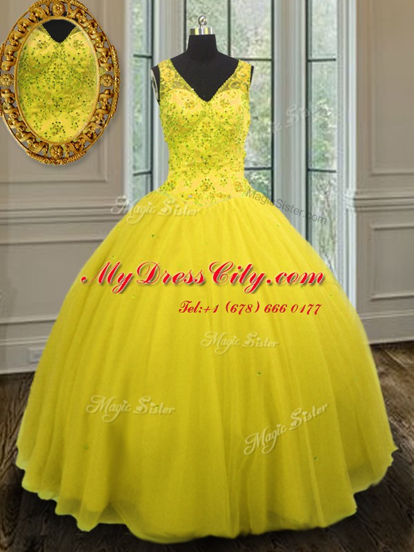 Artistic Yellow Tulle Zipper V-neck Sleeveless Floor Length 15th Birthday Dress Beading