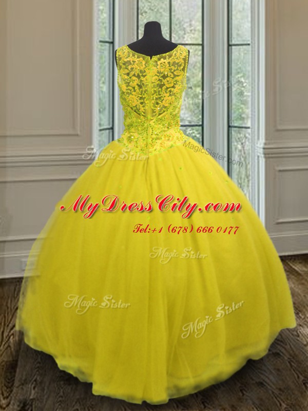 Artistic Yellow Tulle Zipper V-neck Sleeveless Floor Length 15th Birthday Dress Beading