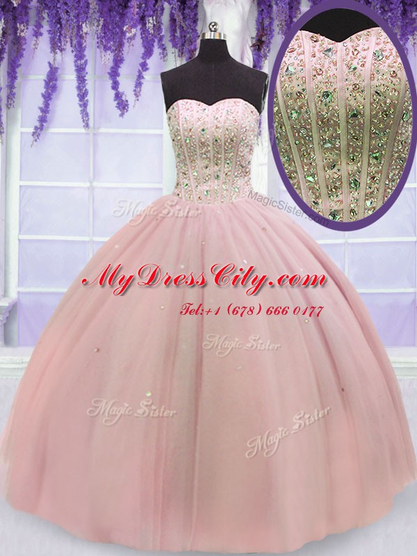 Fitting Baby Pink Tulle Lace Up Sweetheart Sleeveless Floor Length 15 Quinceanera Dress Beading