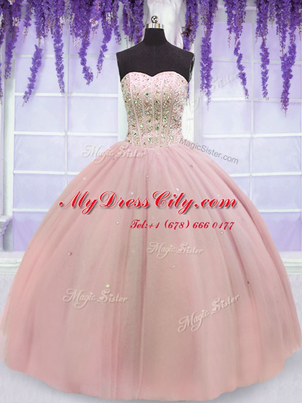 Fitting Baby Pink Tulle Lace Up Sweetheart Sleeveless Floor Length 15 Quinceanera Dress Beading