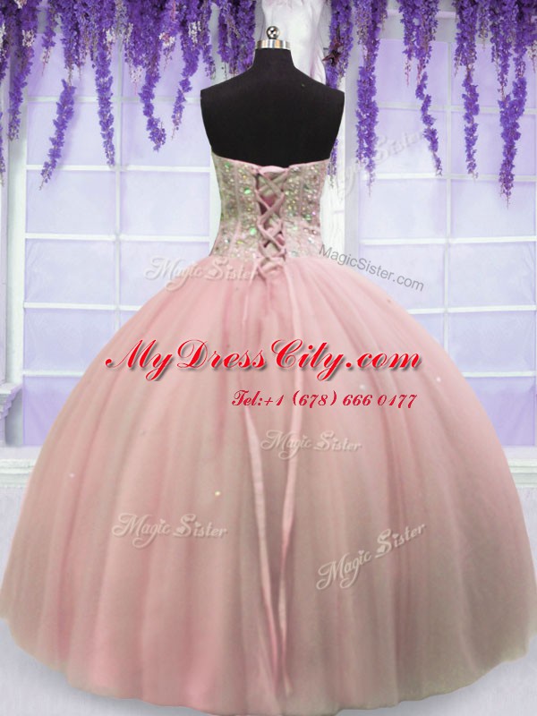 Fitting Baby Pink Tulle Lace Up Sweetheart Sleeveless Floor Length 15 Quinceanera Dress Beading