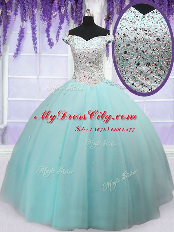 Light Blue Off The Shoulder Lace Up Beading Quinceanera Gowns Short Sleeves