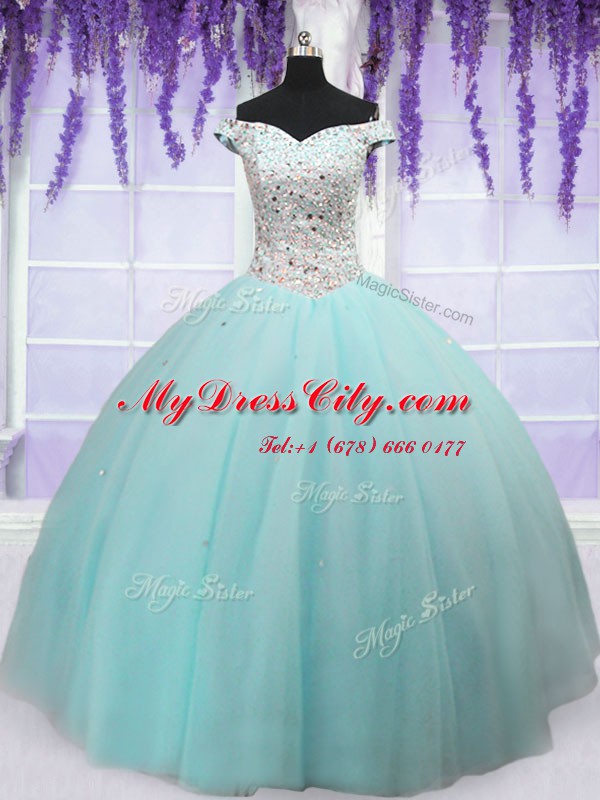 Light Blue Off The Shoulder Lace Up Beading Quinceanera Gowns Short Sleeves