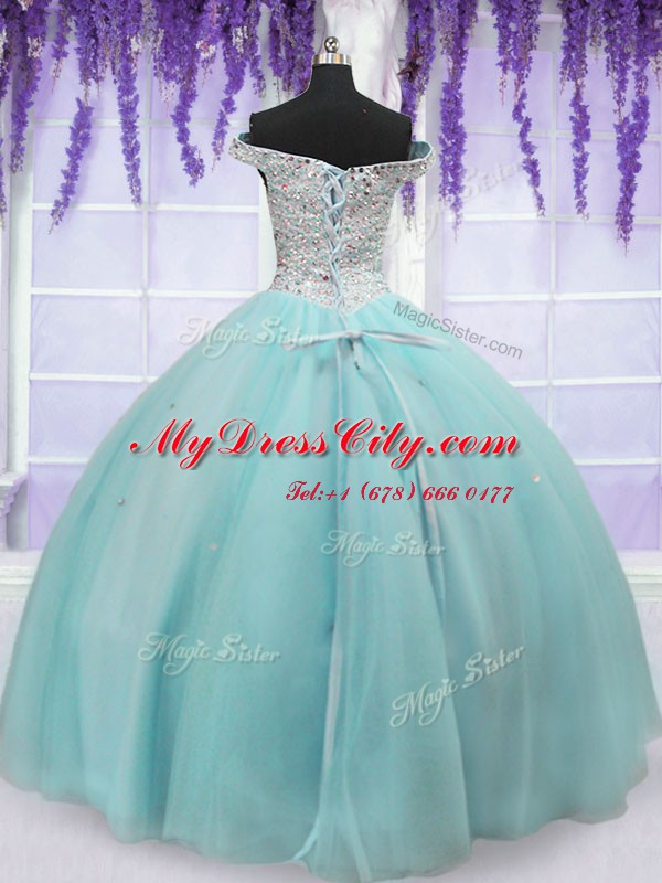 Light Blue Off The Shoulder Lace Up Beading Quinceanera Gowns Short Sleeves