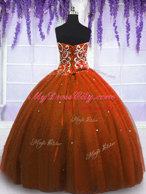 Customized Floor Length Rust Red 15th Birthday Dress Sweetheart Sleeveless Lace Up