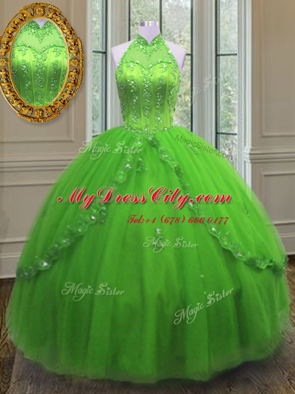 Halter Top Floor Length Quinceanera Dress Tulle Sleeveless Beading and Appliques