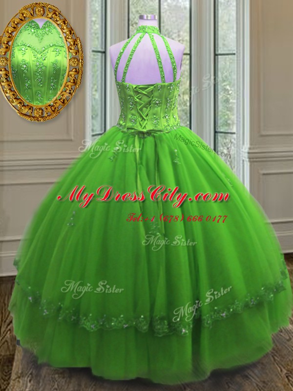 Halter Top Floor Length Quinceanera Dress Tulle Sleeveless Beading and Appliques