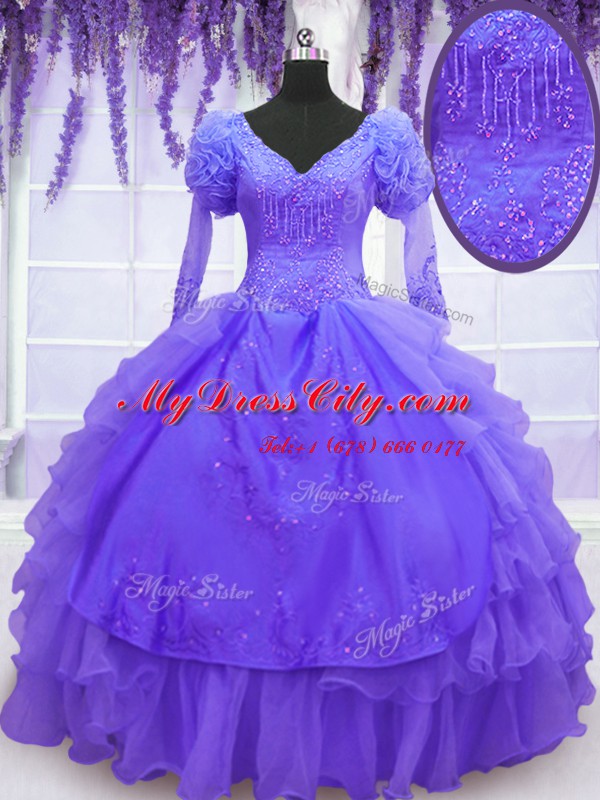 Customized Purple V-neck Neckline Beading and Embroidery and Hand Made Flower Quinceanera Gowns Long Sleeves Lace Up