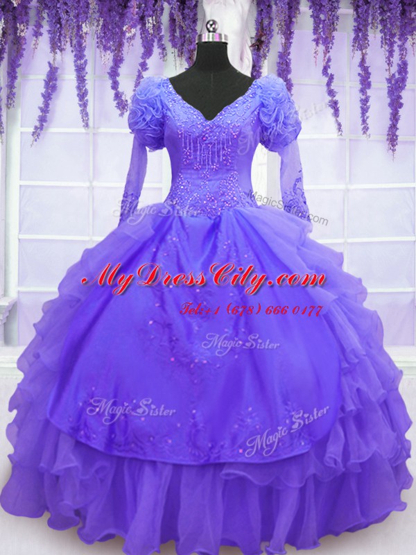 Customized Purple V-neck Neckline Beading and Embroidery and Hand Made Flower Quinceanera Gowns Long Sleeves Lace Up