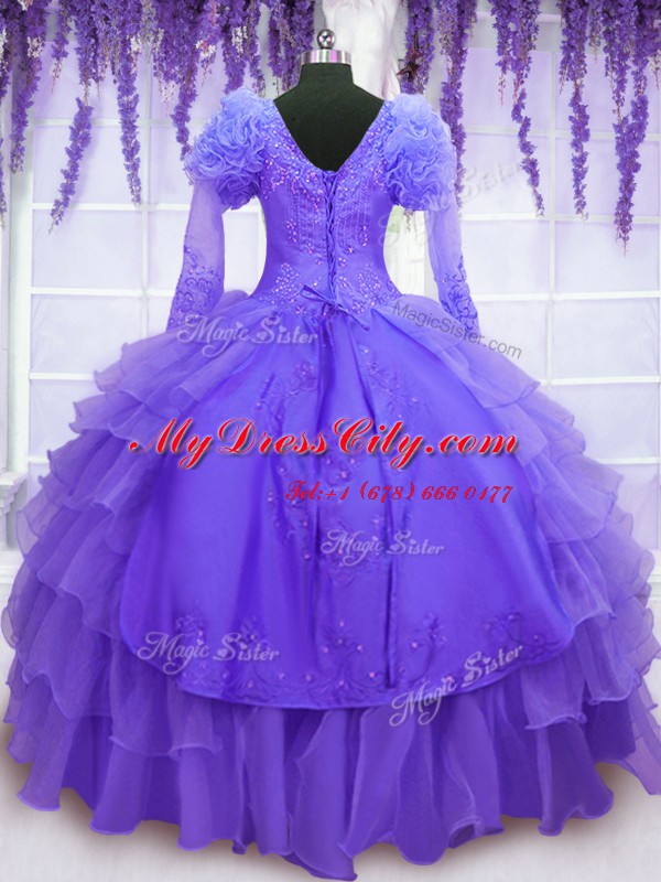 Customized Purple V-neck Neckline Beading and Embroidery and Hand Made Flower Quinceanera Gowns Long Sleeves Lace Up