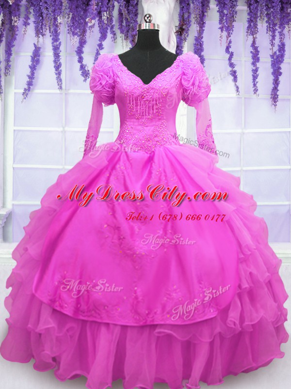 Hot Pink V-neck Neckline Beading and Embroidery and Hand Made Flower Quince Ball Gowns Long Sleeves Lace Up