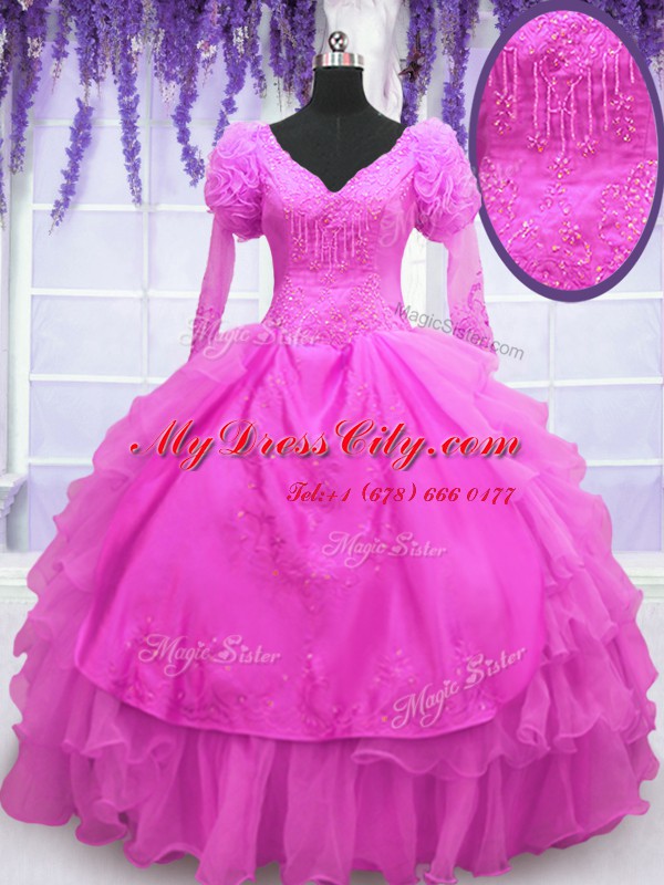 Hot Pink V-neck Neckline Beading and Embroidery and Hand Made Flower Quince Ball Gowns Long Sleeves Lace Up