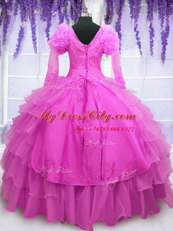 Hot Pink V-neck Neckline Beading and Embroidery and Hand Made Flower Quince Ball Gowns Long Sleeves Lace Up