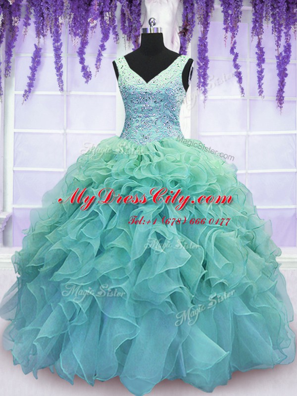 Blue Ball Gowns Beading and Embroidery and Ruffles Quinceanera Gown Lace Up Organza Sleeveless Floor Length