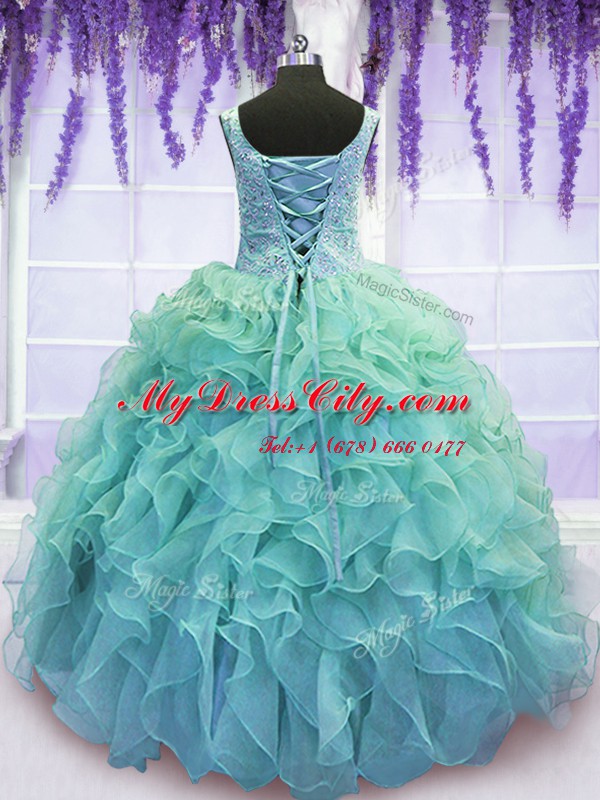 Blue Ball Gowns Beading and Embroidery and Ruffles Quinceanera Gown Lace Up Organza Sleeveless Floor Length