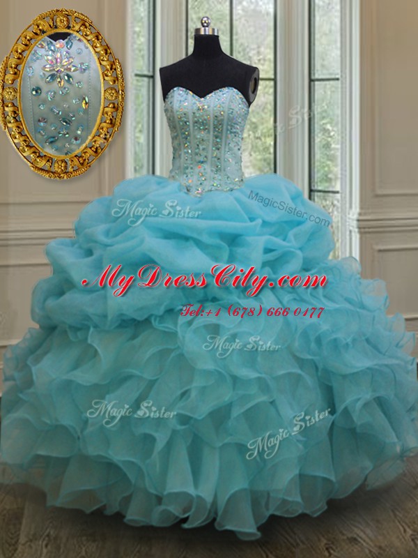 Classical Baby Blue Organza Lace Up Quince Ball Gowns Sleeveless Floor Length Beading and Pick Ups