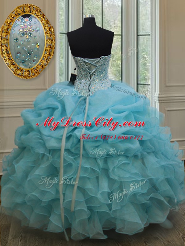 Classical Baby Blue Organza Lace Up Quince Ball Gowns Sleeveless Floor Length Beading and Pick Ups