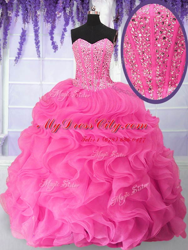 Beading and Ruffles Ball Gown Prom Dress Hot Pink Lace Up Sleeveless Floor Length