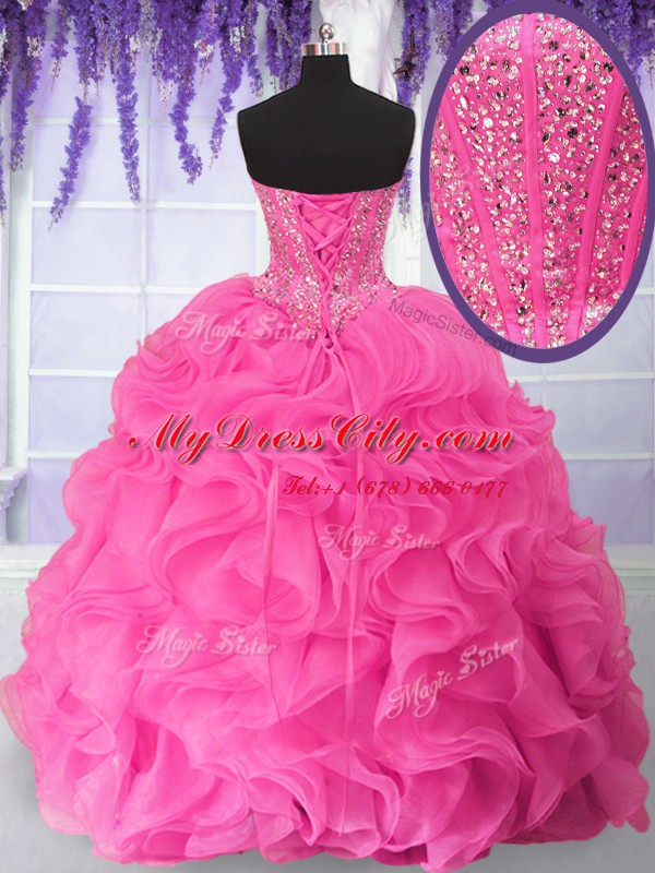 Beading and Ruffles Ball Gown Prom Dress Hot Pink Lace Up Sleeveless Floor Length