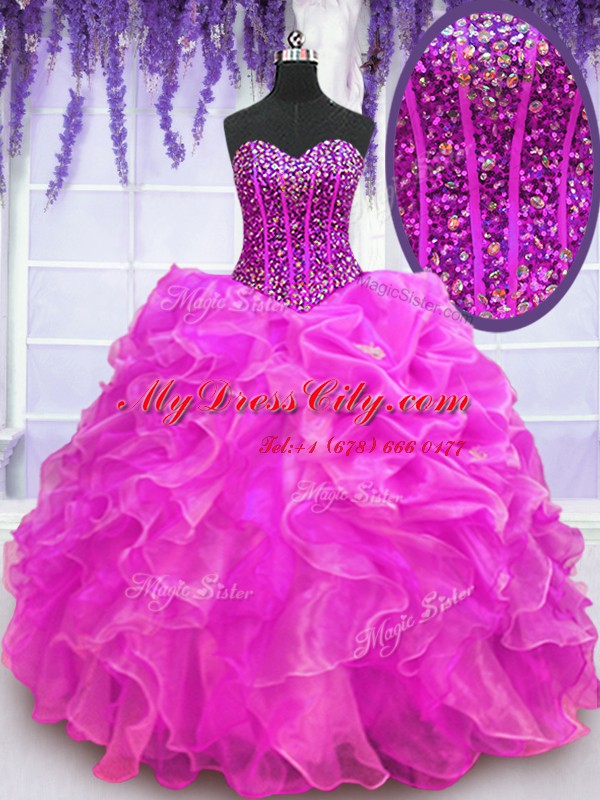 Beautiful Fuchsia Sweetheart Neckline Beading and Ruffles Ball Gown Prom Dress Sleeveless Lace Up