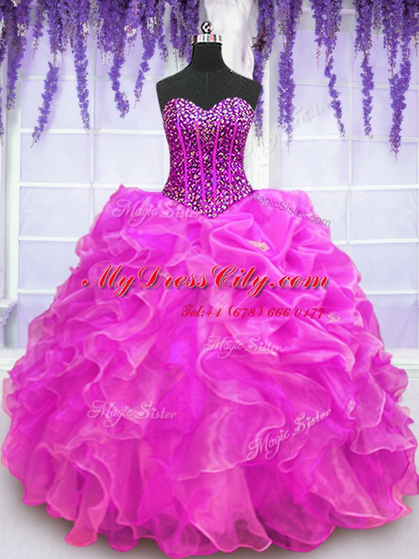 Beautiful Fuchsia Sweetheart Neckline Beading and Ruffles Ball Gown Prom Dress Sleeveless Lace Up