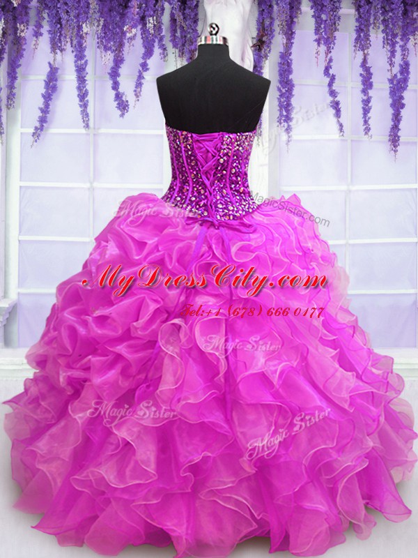 Beautiful Fuchsia Sweetheart Neckline Beading and Ruffles Ball Gown Prom Dress Sleeveless Lace Up