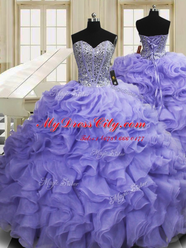 Discount Organza Sweetheart Sleeveless Sweep Train Lace Up Beading and Ruffles Sweet 16 Dresses in Lavender