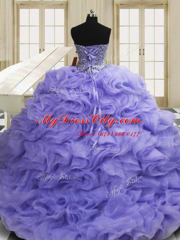 Discount Organza Sweetheart Sleeveless Sweep Train Lace Up Beading and Ruffles Sweet 16 Dresses in Lavender