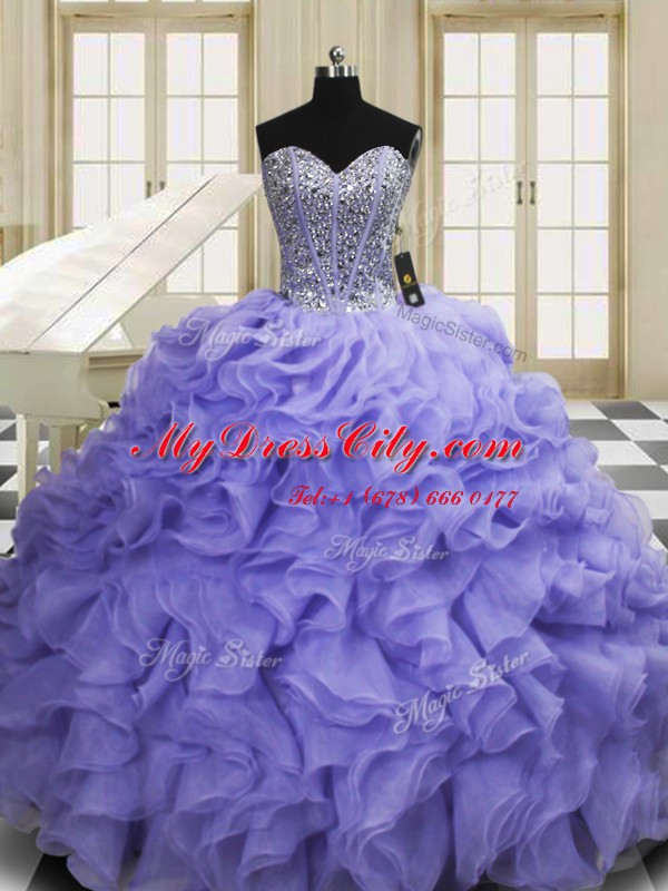 Discount Organza Sweetheart Sleeveless Sweep Train Lace Up Beading and Ruffles Sweet 16 Dresses in Lavender