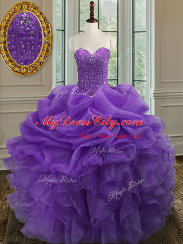 Dramatic Lavender Quinceanera Gown Military Ball and Sweet 16 and Quinceanera and For with Beading and Ruffles Sweetheart Sleeveless Lace Up