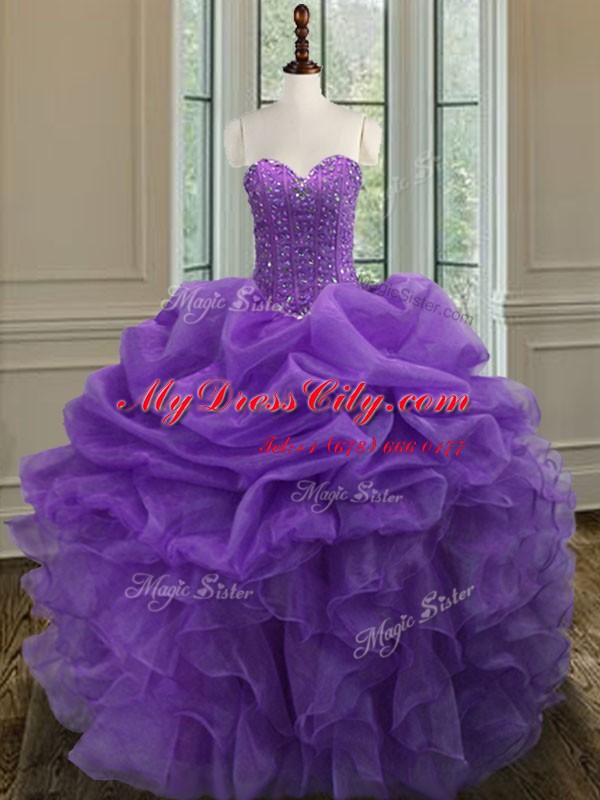 Dramatic Lavender Quinceanera Gown Military Ball and Sweet 16 and Quinceanera and For with Beading and Ruffles Sweetheart Sleeveless Lace Up