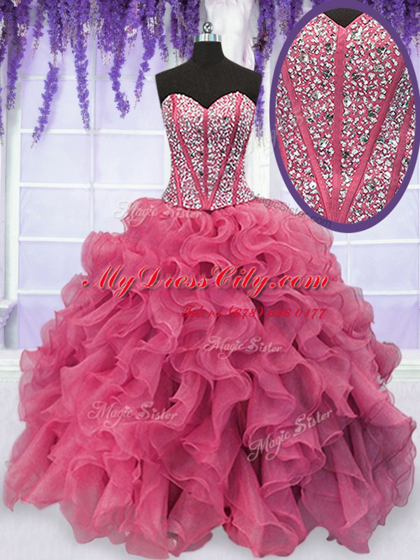 Low Price Sleeveless Floor Length Beading and Ruffles Lace Up Quince Ball Gowns with Pink