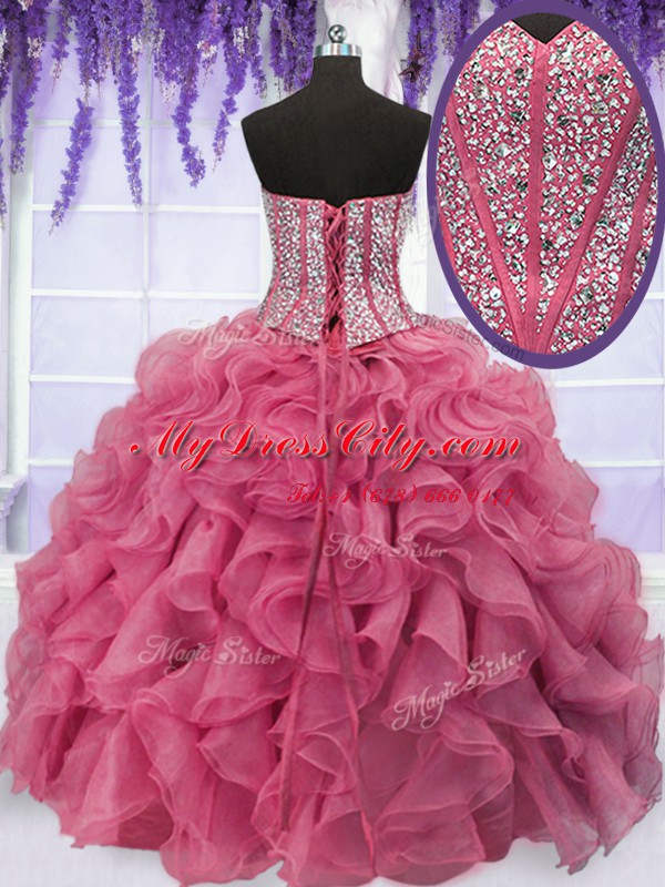 Low Price Sleeveless Floor Length Beading and Ruffles Lace Up Quince Ball Gowns with Pink