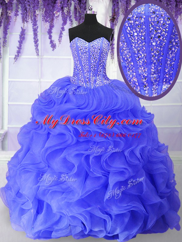 Sweetheart Sleeveless Lace Up Quinceanera Gowns Blue Organza