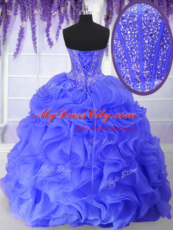 Sweetheart Sleeveless Lace Up Quinceanera Gowns Blue Organza