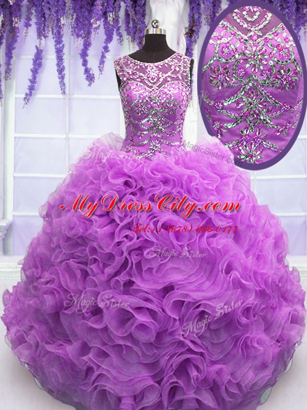 Lilac Ball Gowns Scoop Sleeveless Organza Floor Length Lace Up Beading and Ruffles Sweet 16 Quinceanera Dress